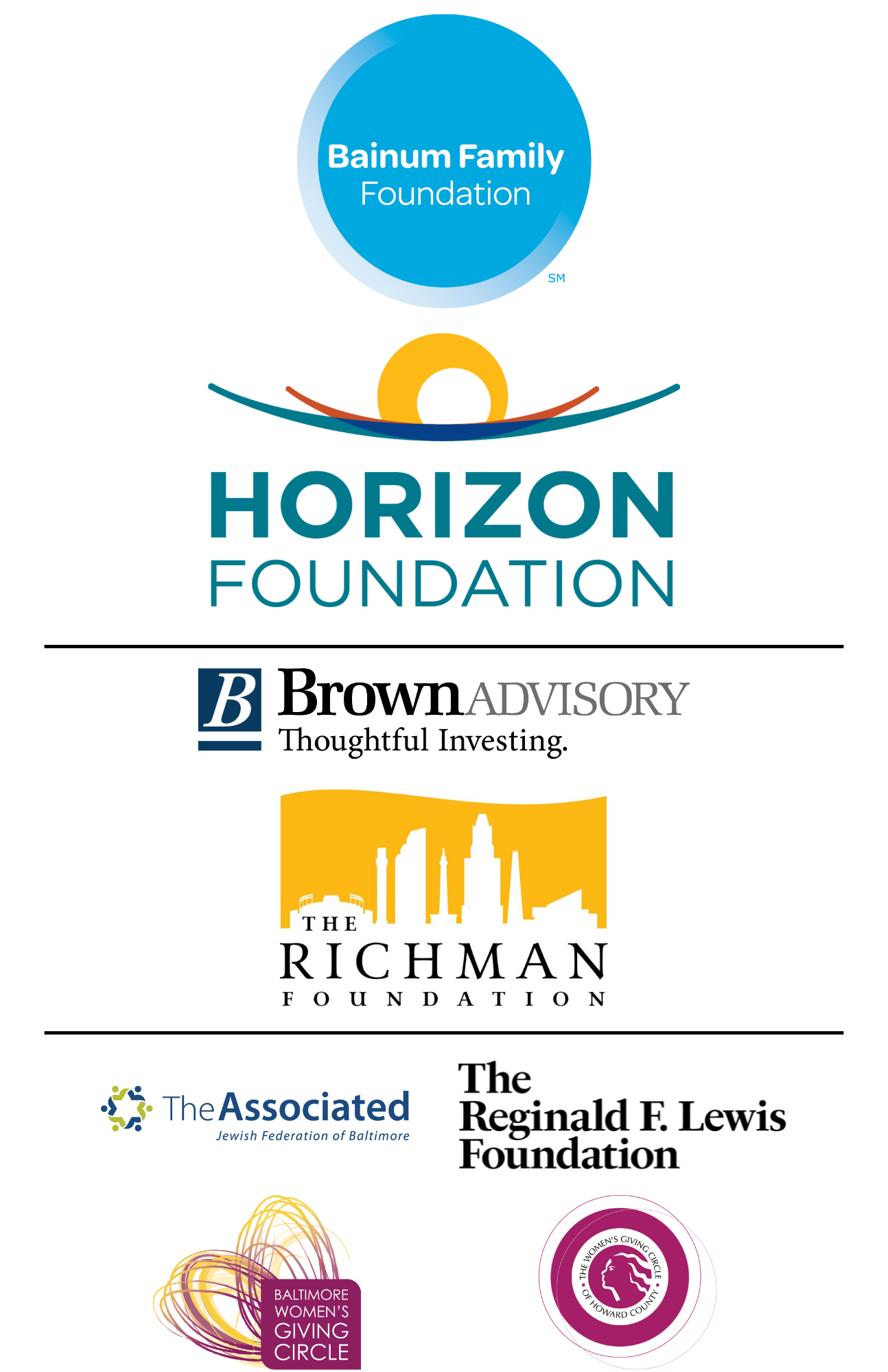 Bainum Family Foundation, Horizon Foundation, Brown Advisory, The Richman Foundation, The Associated, The Reginald F. Lewis Foundation, Baltimore Women's Giving Circle, The Women's Giving Circle of Howard County