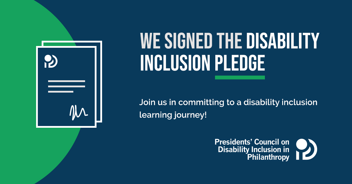 Against a dark blue background with green accents, text reads: “We signed the Disability Inclusion Pledge! Join us in committing to a disability inclusion learning journey.” Accompanying the text is an illustration of a signed document and a logo. 