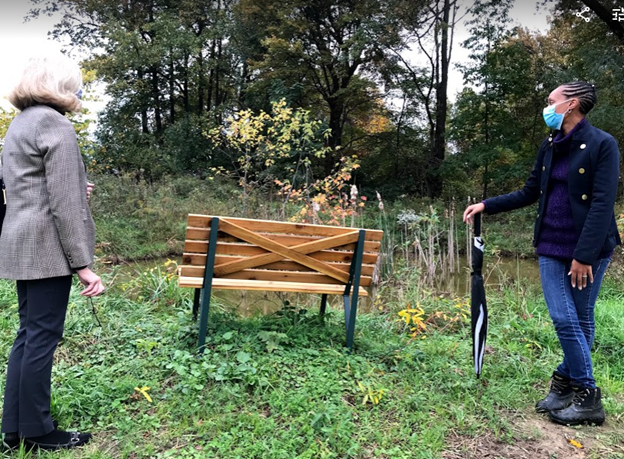 Linda McCleary and Atiya Wells at the site visit for Backyard Basecamp looking at the little pond on the BLISS Meadow property.