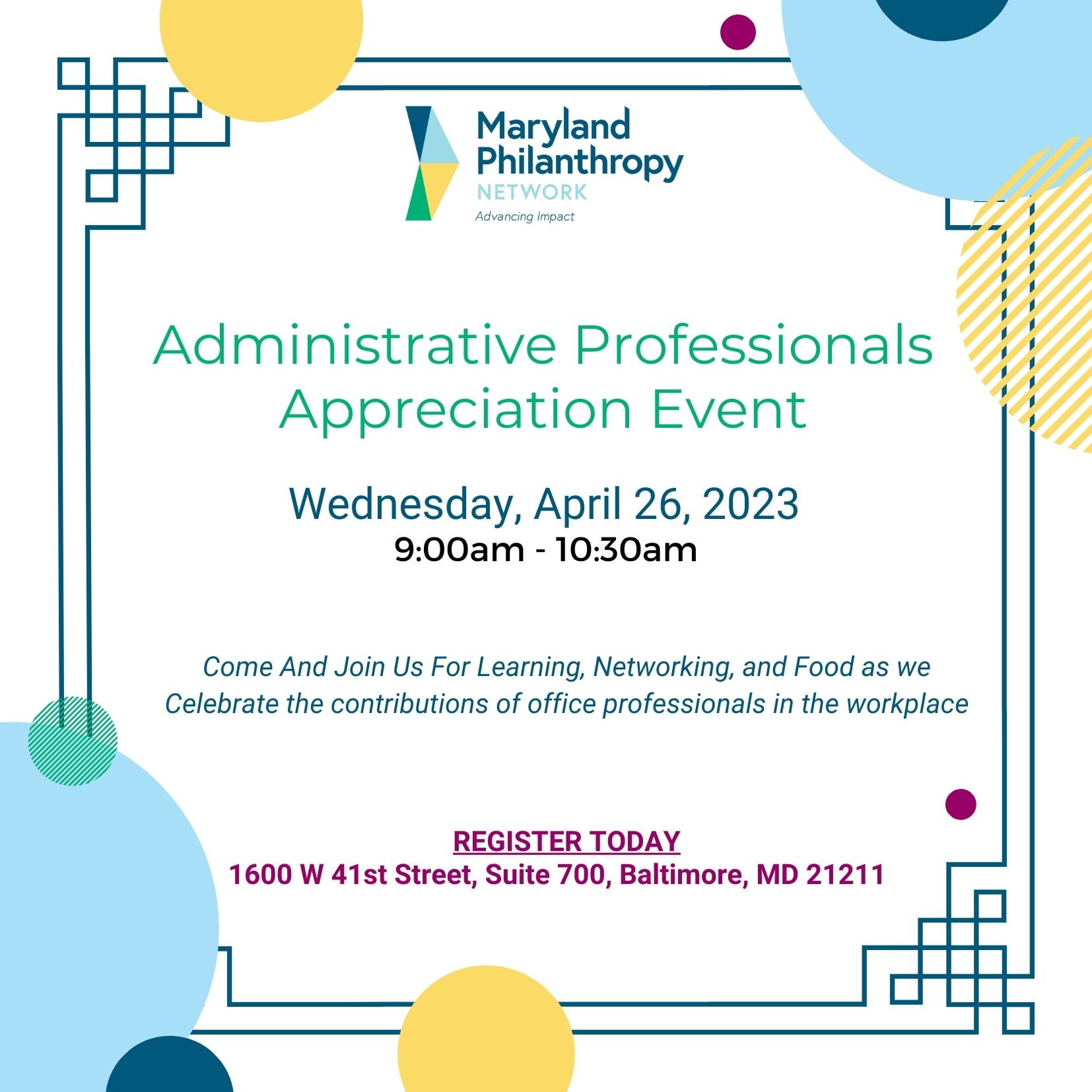 Announcement for Administrative Professionals Appreciation event on Wednesday, April 26, 2023 