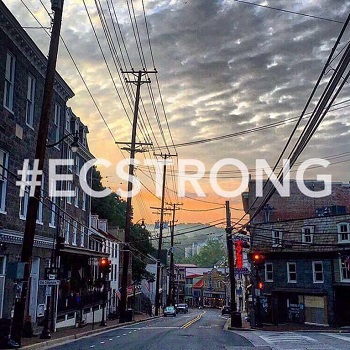 #ECSTRONG with view of Main Street Ellicott City at sunset